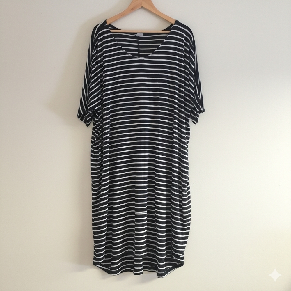 Zim & Zoe Plus Size 20 Black White Striped Pocket T-Shirt Dress | Cotton Midi 20